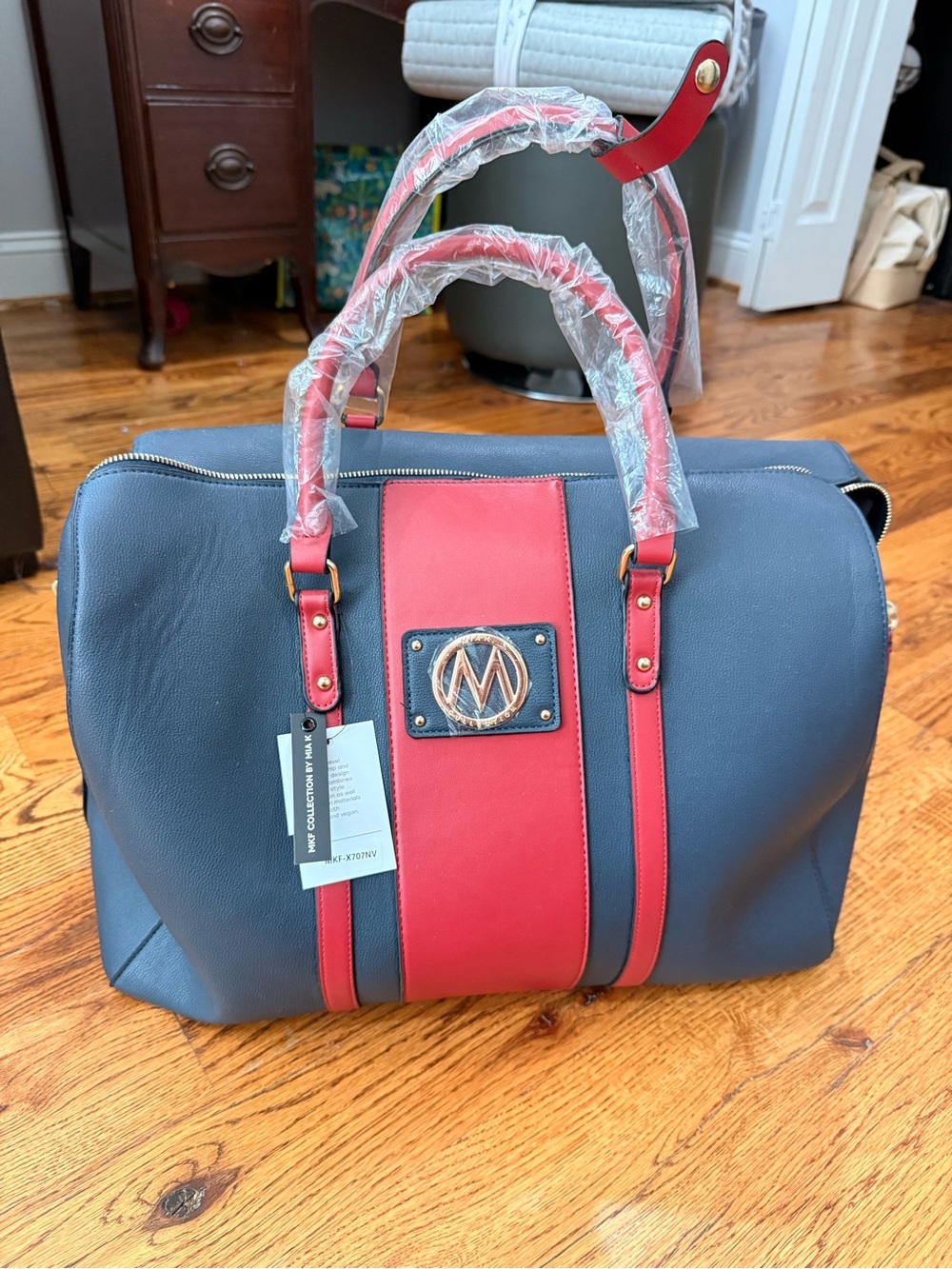 Michael Kors Navy and Red Leather Duffel Bag